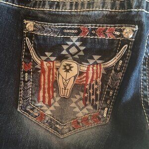 Miss Me Jeans Women 29 x 34 Mid-Rise Bootcut Embroidered Flag Skull Southwest